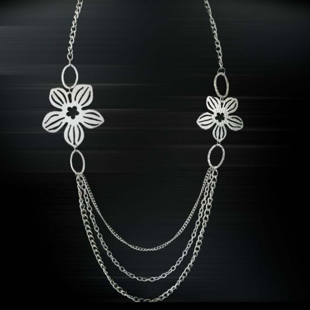 Triple Stand Opera Length Necklace Silver Flowers 36”